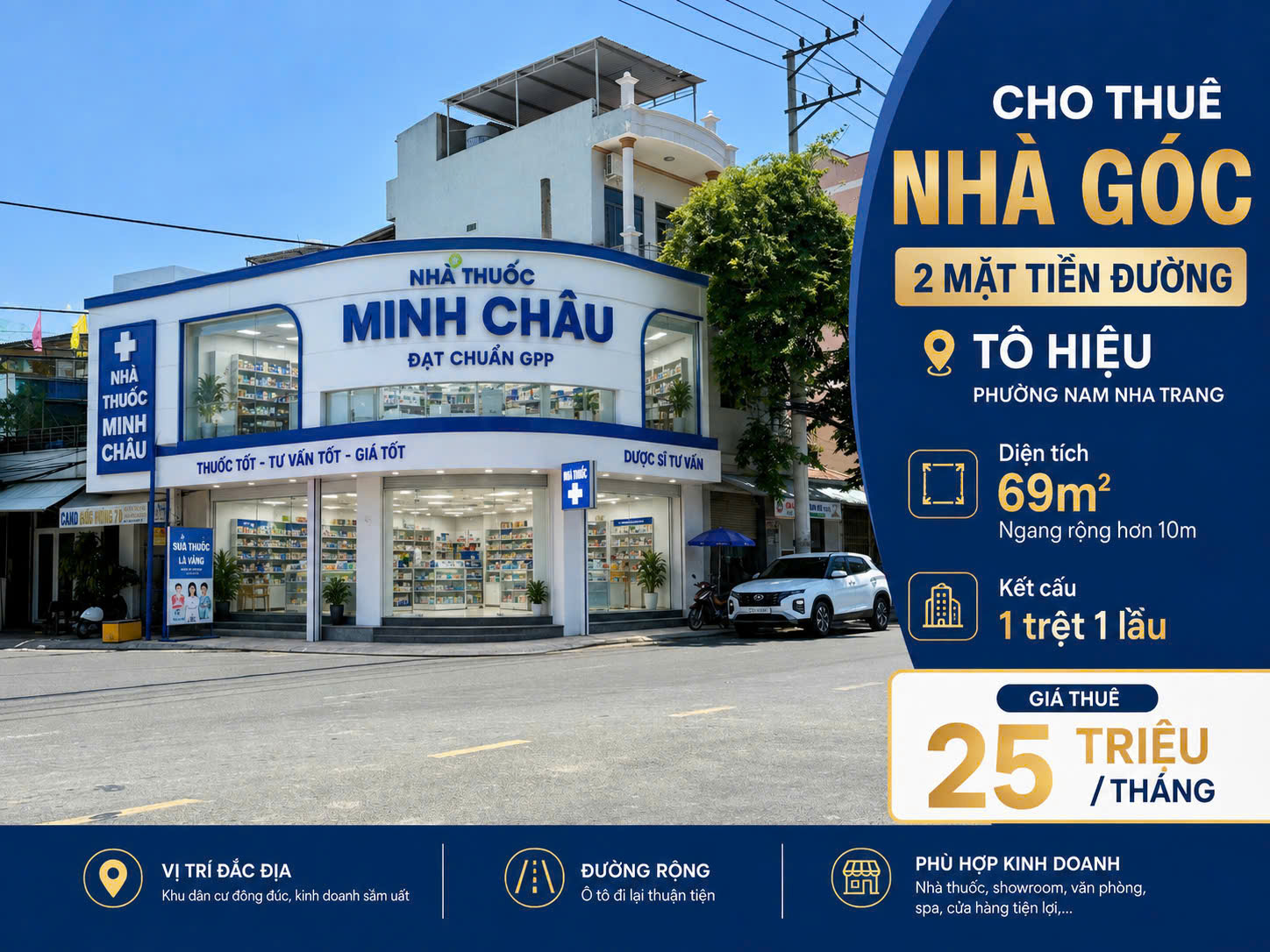 CHO THU&Ecirc; NH&Agrave; L&Ocirc; G&Oacute;C 2 MẶT TIỀN ĐƯỜNG T&Ocirc; HIỆU PHƯỜNG VĨNH TRƯỜNG NHA TRANG &ndash; DIỆN T&Iacute;CH 69M&sup2; NGANG RỘNG HƠN 10M KẾT CẤU 1 TRỆT 1 LẦU GẦN KĐT MIPECO V&Agrave; CHUNG CƯ P.H GI&Aacute; 25 TRIỆU/TH&Aacute;NG