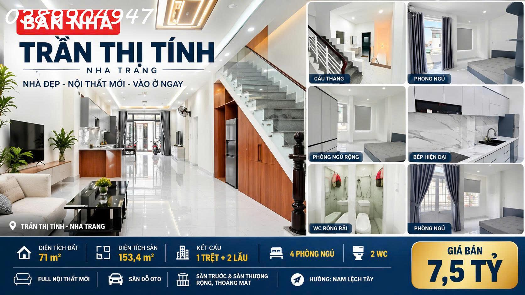 B&Aacute;N NH&Agrave; MỚI 3 TẦNG MẶT TIỀN ĐƯỜNG TRẦN THỊ T&Iacute;NH NHA TRANG &ndash; DIỆN T&Iacute;CH S&Agrave;N 153,4M&sup2; FULL NỘI THẤT CAO CẤP C&Oacute; 4 PH&Ograve;NG NGỦ S&Acirc;N ĐỖ &Ocirc; T&Ocirc; V&Agrave; S&Acirc;N THƯỢNG THO&Aacute;NG M&Aacute;T SỔ HỒNG CHUẨN CHỈNH GI&Aacute; 7,5 TỶ