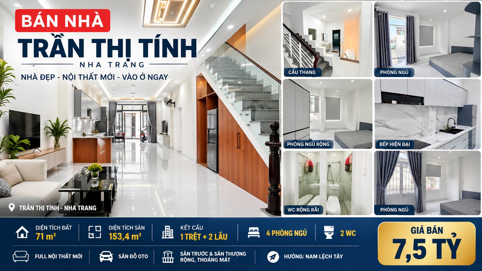B&Aacute;N NH&Agrave; MỚI 3 TẦNG MẶT TIỀN ĐƯỜNG TRẦN THỊ T&Iacute;NH NHA TRANG &ndash; DIỆN T&Iacute;CH S&Agrave;N 153,4M&sup2; FULL NỘI THẤT CAO CẤP C&Oacute; 4 PH&Ograve;NG NGỦ S&Acirc;N ĐỖ &Ocirc; T&Ocirc; V&Agrave; S&Acirc;N THƯỢNG THO&Aacute;NG M&Aacute;T SỔ HỒNG CHUẨN CHỈNH GI&Aacute; 7,5 TỶ